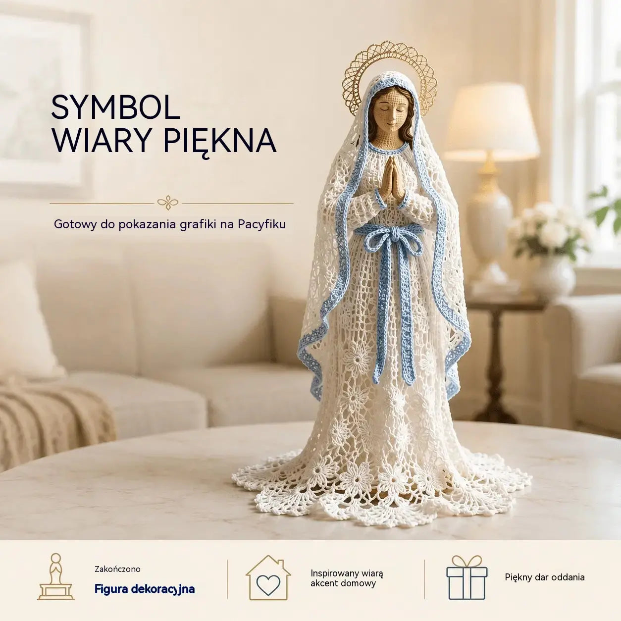 Figurka Maryi wykonana ręcznie metodą szydełkową i koronkową.
