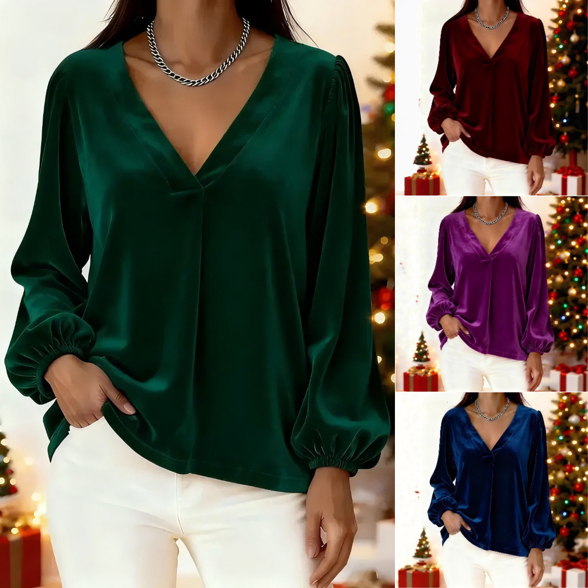 【50% sleva】🥰🥰[M-3XL】🌺Nejprodávanější elegantní luxusní tričko se zlatým sametovým výstřihem do V a rukávy s lucernou