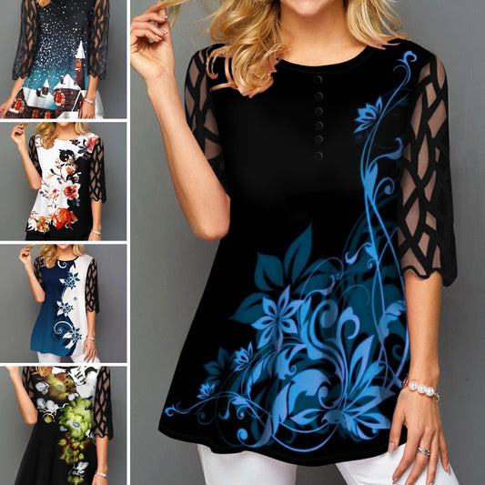 【S-5XL】Tricou 2025 cu guler rotund, imprimeu cu nasturi și cusături din dantelă, mânecă jumătate