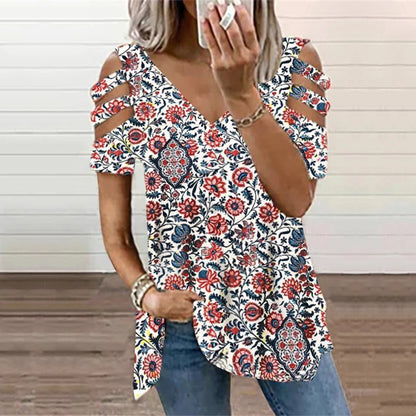 【50% отстъпка】💘【S-3XL】Стилна дамска тениска с голи рамене, с вдлъбнати ръкави, които подчертават линията на врата и раменете, и модерни щампи, които подчертават индивидуалността и модерността.