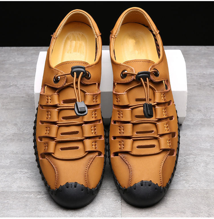 🌟 【Reducere de 50%】【39-44】Sandale de plajă bărbătești din piele naturală, cu vârful închis și gol, de vară👞✨