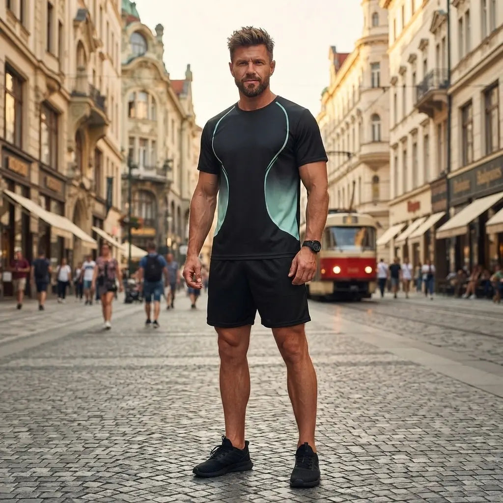 Płatność przy odbiorze✨ Letni komplet sportowy męski z krótkim rękawem, wykonany z cienkiego jedwabiu lodowego, idealnego do biegania, z szybkoschnącej siateczki.