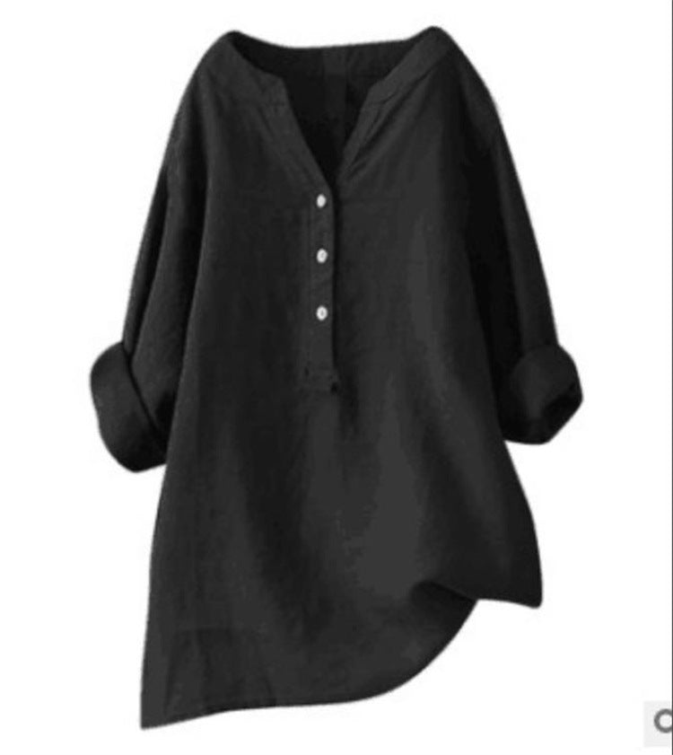 🔥👚【S-5XL】Нова пролетна едноцветна риза-кардиган, топ от памук и лен с дълъг ръкав и свободна яка, закопчаващ се с копчета