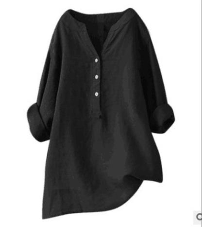 🔥👚【S-5XL】Нова пролетна едноцветна риза-кардиган, топ от памук и лен с дълъг ръкав и свободна яка, закопчаващ се с копчета