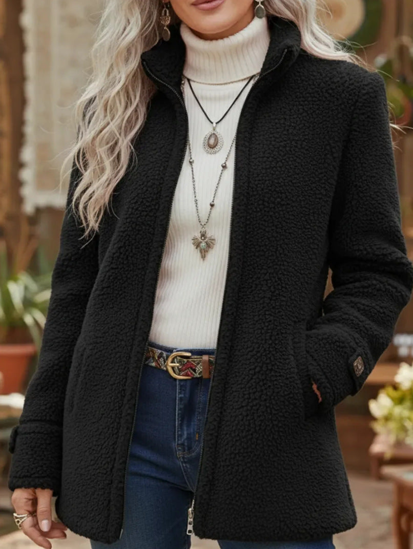 🛒【S-3XL】Zimní dámská stojáček s jednobarevným volným ležérním módním dlouhým rukávem s fleecovou bundou na zip