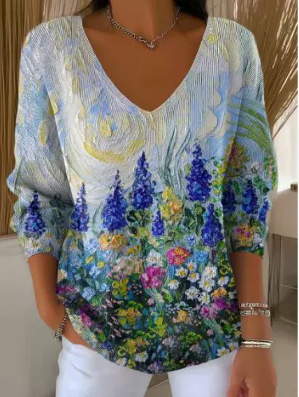 🔥【50% zľava】【S-5XL】Nový dámsky pulóver s dlhým rukávom a výstrihom do V s 3D digitálnou potlačou