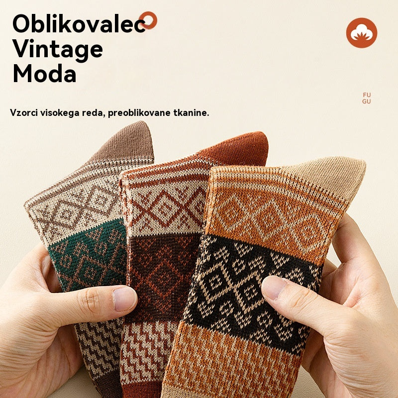 🏆【50 % popust】🧦Retro barvno ujemajoče se priložnostne nogavice v etničnem slogu, srednje cevaste nogavice, jesenske in zimske tople bombažne nogavice