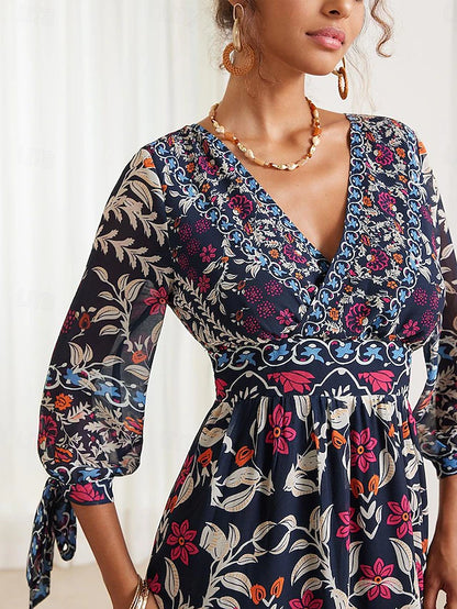 💟【S-5XL】👗Poletna nova ženska obleka s cvetličnimi naborki in V-izrezom, festivalska obleka v boemskem slogu 2025