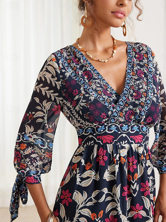 💟【S-5XL】👗Poletna nova ženska obleka s cvetličnimi naborki in V-izrezom, festivalska obleka v boemskem slogu 2025