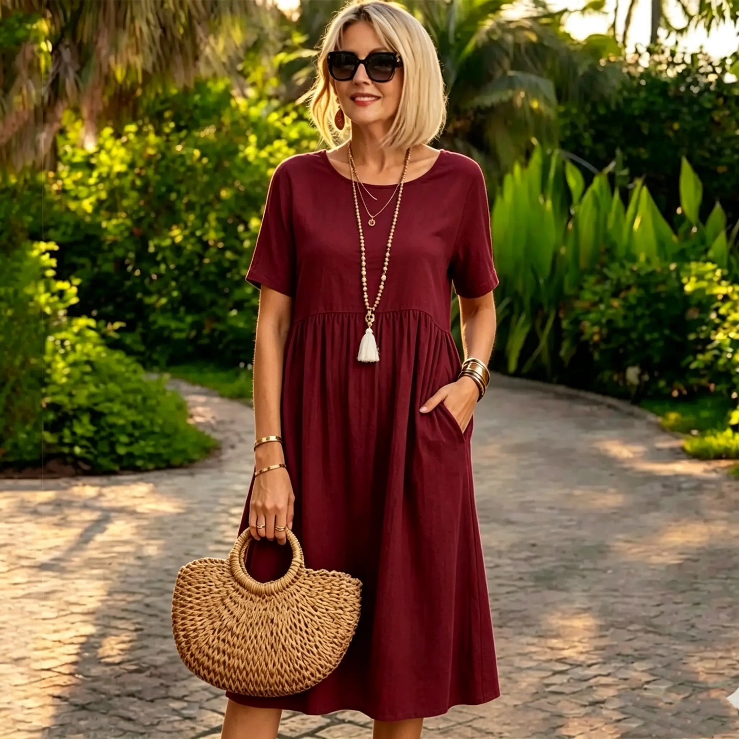 😍【Oferta ograniczona czasowo】👗【S-5XL】Damska sukienka z bawełny i lnu z 2026 roku z okrągłym dekoltem i wygodnym krojem