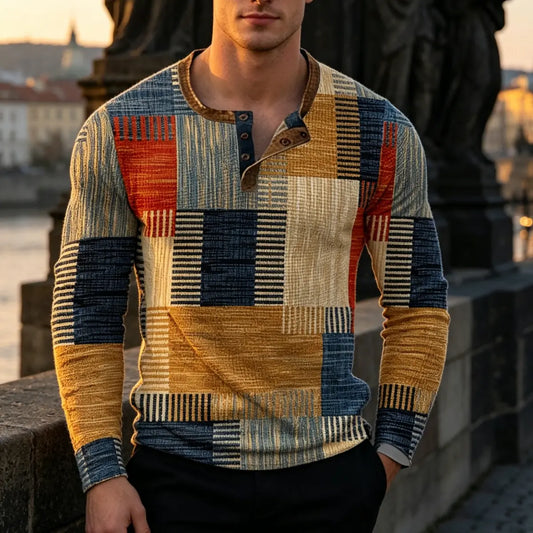 🌴【S-4XL】👔 Nowa kolekcja męskich koszul z nadrukiem, z długim rękawem, w luźnym stylu Henry, dostępna w wielu kolorach
