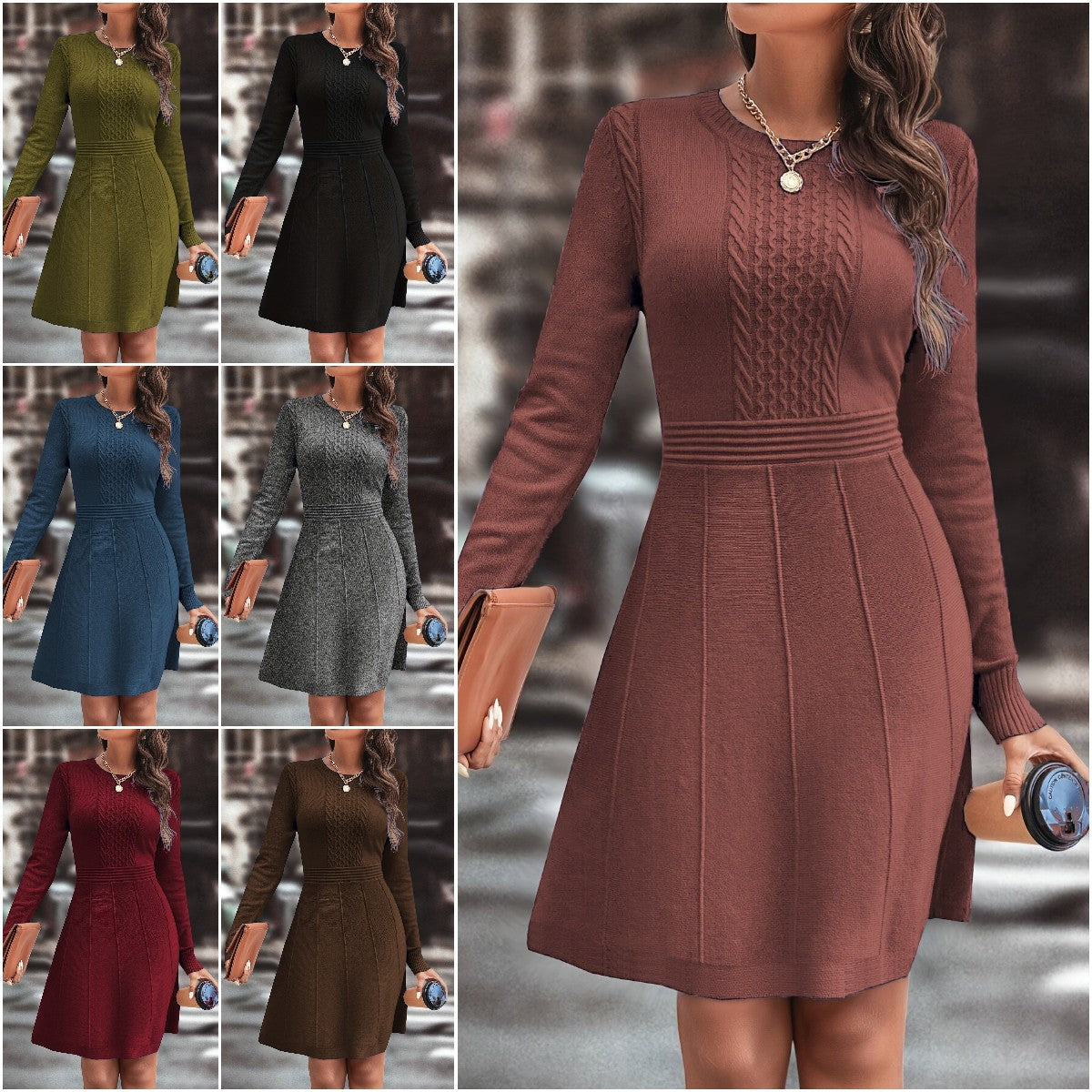 🍁🍂Ženska jesensko/zimska pletena obleka, elegantna in preprosta enobarvna pletena obleka slim krojem in okroglim izrezom