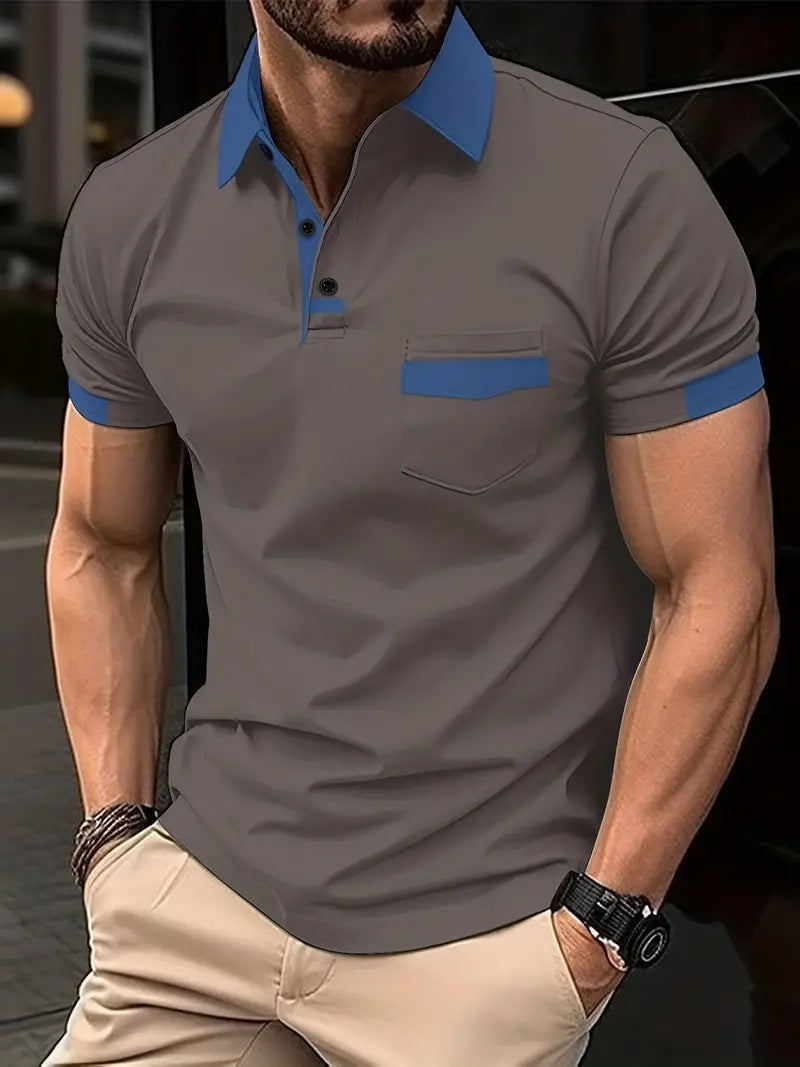 💥🔥【S-3XL】Pánské barevně blokové polo tričko s kapsami, sportovní polo tričko