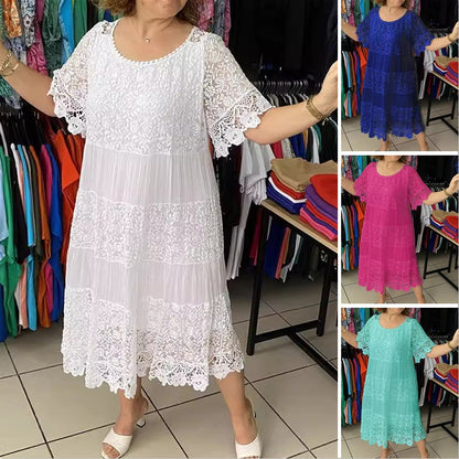 ✨【S-5XL】Nova čipkasta obleka s kratkimi rokavi in okroglim izrezom