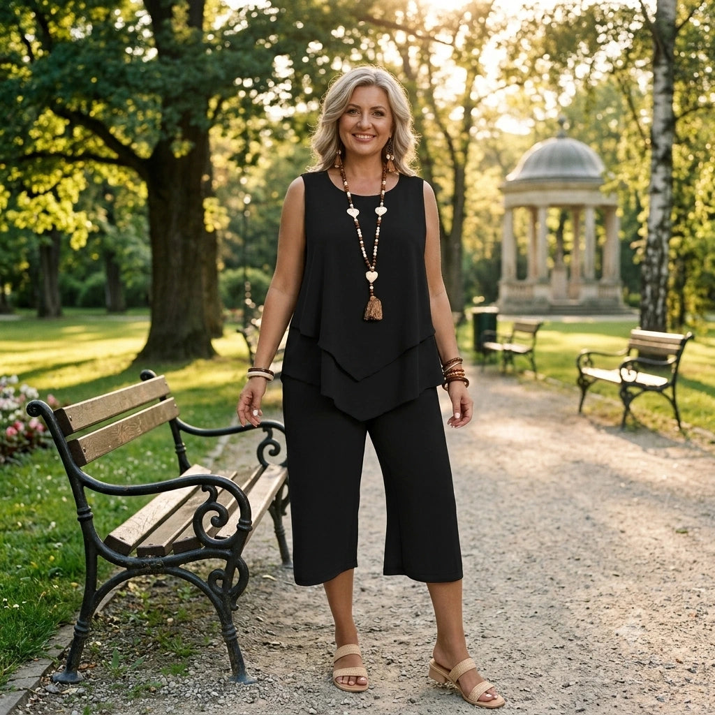 【L-5XL】Dwuczęściowy komplet spodni capri bez rękawów w dużym rozmiarze, modny, swobodny, w jednolitym kolorze, elegancki styl, przewiewny i wygodny na lato.