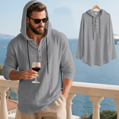 👔50% de descuento🏆【40-100kg】Camisa Henley de manga larga con capucha, transpirable y de lino para hombre, de corte holgado, ideal para la playa.✅Pago contra entrega ✅Pago contra entrega