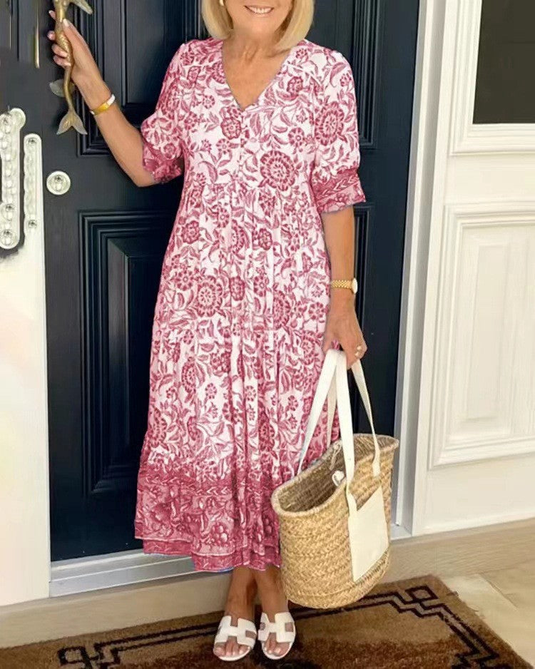 💃【S-3XL】Rochie lungă elegantă cu imprimeu floral și decolteu în V, nouă 2025_3994382