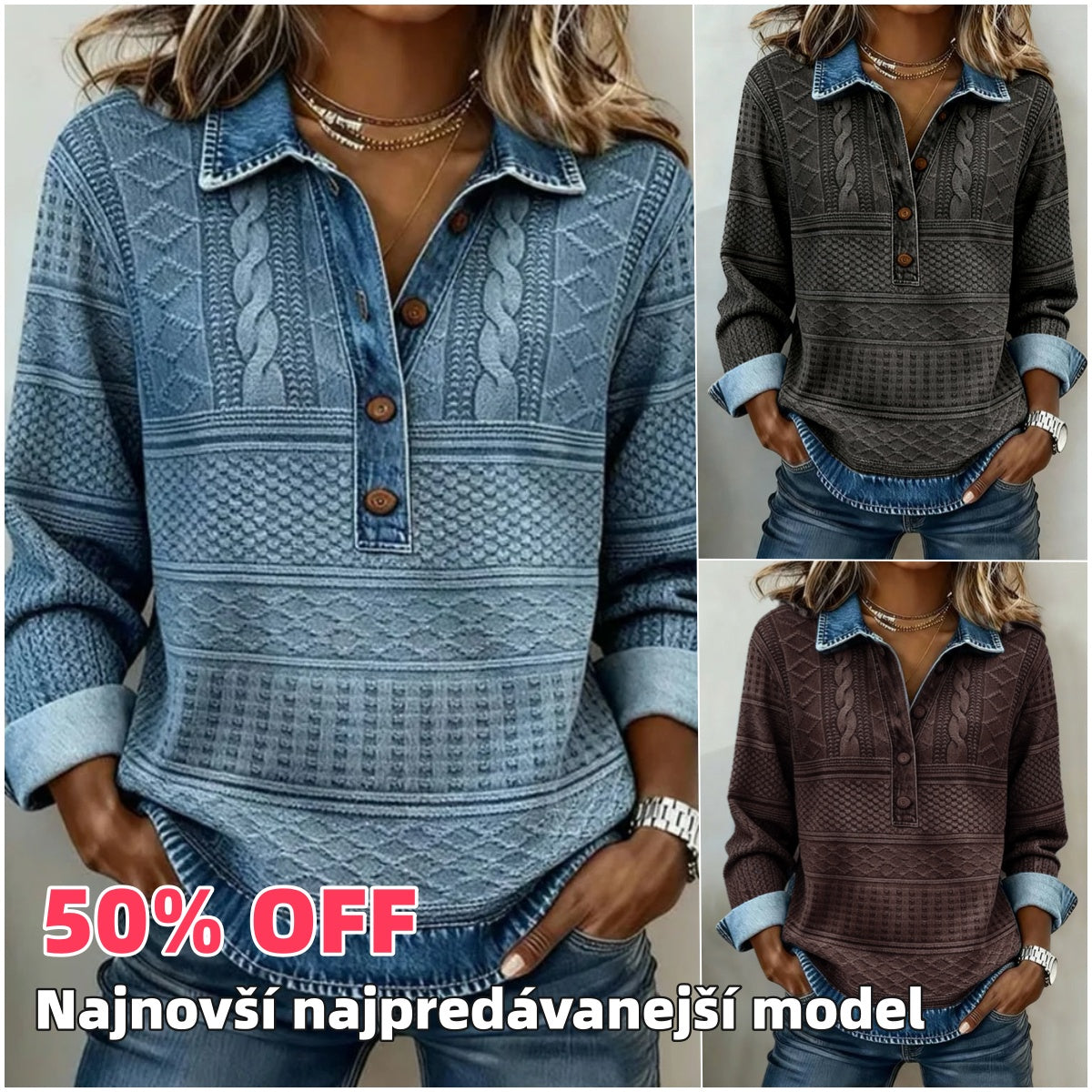 🎁【50% sleva】【S-5XL】 Stylový retro džínový top se stojatým límcem, pohodlný na nošení