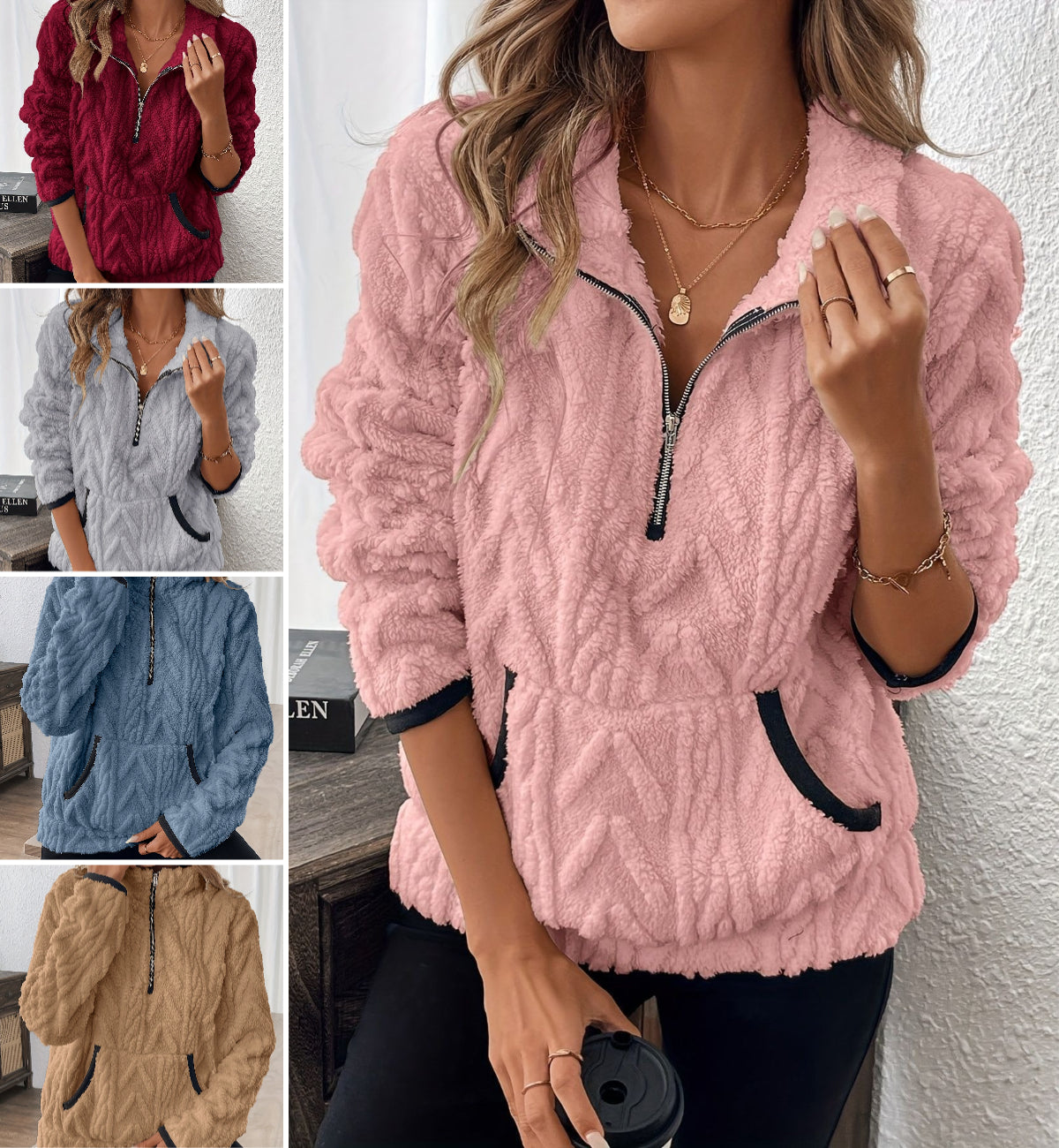 🔥 Speciální nabídka 【S–3XL】Nová krátká mikina s klopami v evropském a americkém stylu, žakárová, s polovičními zipy a plyšovými kapsami