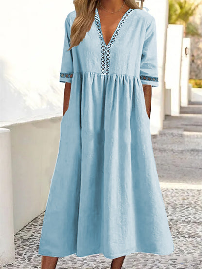 👗【– 50% отстъпка 🔥】😍 Пролетно-лятна рокля с къс ръкав и V-образно деколте от дантела ✅️Плащане при доставка