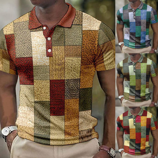 💥👕【S-5XL】Nové pánské kostkované pruhované polo tričko z bavlny a lnu