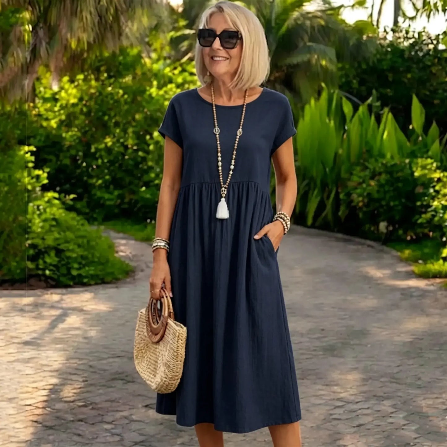 😍【Oferta ograniczona czasowo】👗【S-5XL】Damska sukienka z bawełny i lnu z 2026 roku z okrągłym dekoltem i wygodnym krojem