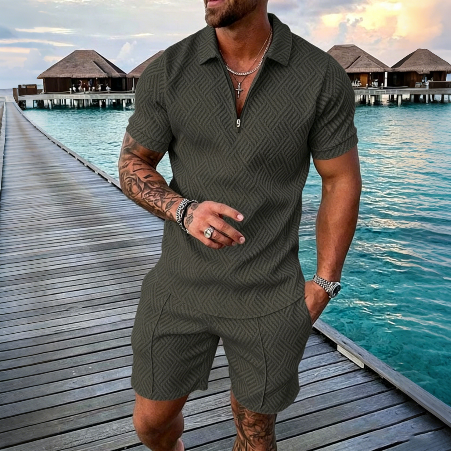 😎 50% zniżki🔥【Góra + Spodnie】 (40-130 kg) Męski codzienny zestaw polo z nadrukiem 3D i zamkiem błyskawicznym ✅️Płatność przy odbiorze